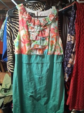 Alyx Green and Coral Floral Ruffled Sleeveless Dress